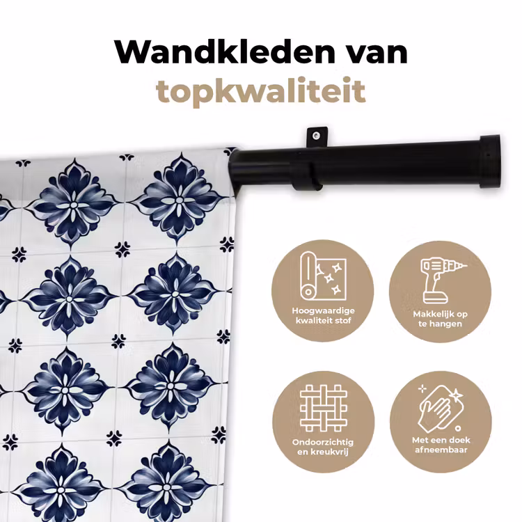 Tegelmotief - Blauw - Wit - Bloem Wandkleed katoen klein 269 -sfeer2