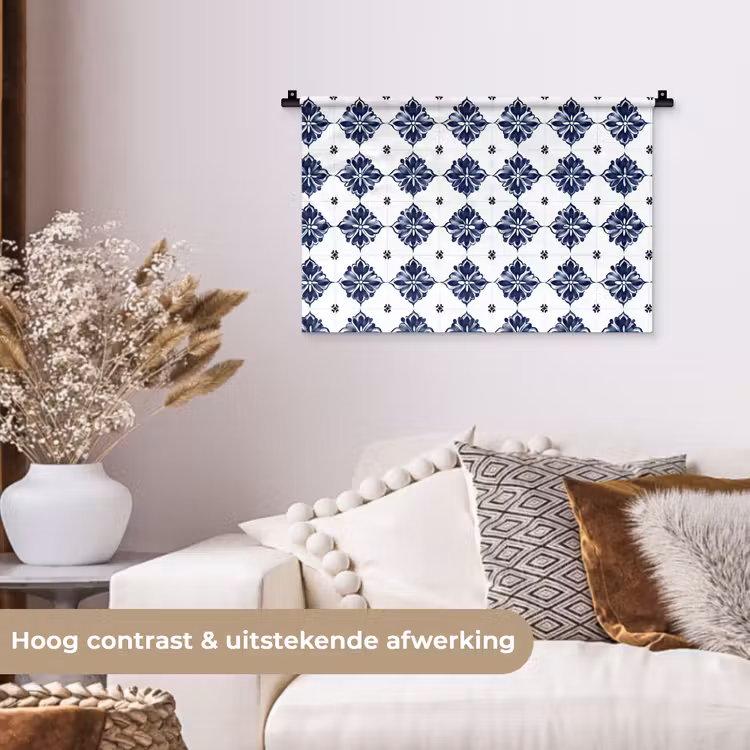 Tegelmotief - Blauw - Wit - Bloem Wandkleed katoen klein 269 -sfeer1