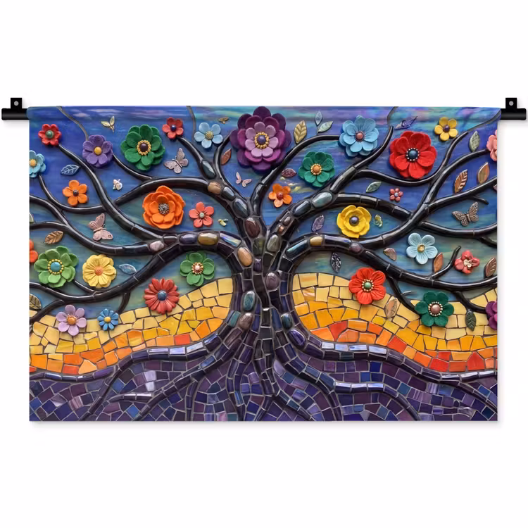 Levensboom - Mozaïek - Bloemen - Kleurrijk - Vrolijk Wandkleed katoen klein -zz3d