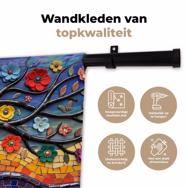 Levensboom - Mozaïek - Bloemen - Kleurrijk - Vrolijk Wandkleed katoen klein -sfeer2