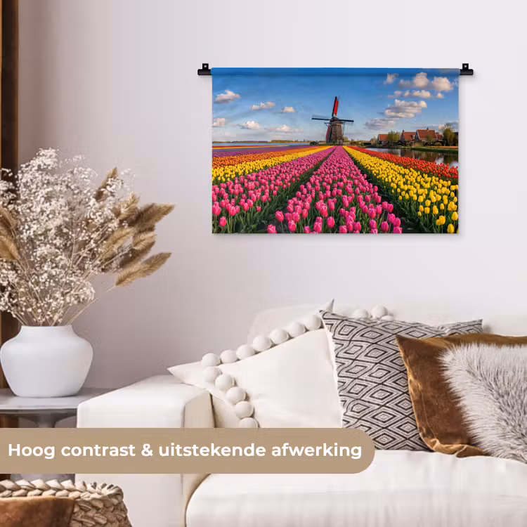 Tulpen - Holland - Molen - Kleurrijk Wandkleed katoen klein -sfeer1