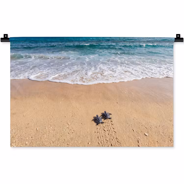 Schildpad - Jong - Strand - Oceaan - Blauw Wandkleed katoen klein -zz3d
