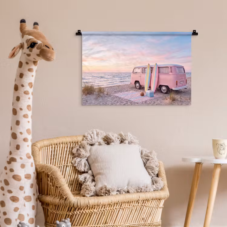 Busje - Strand - Surfplank - Zomer - Roze Wandkleed katoen klein -wsfeer5_kind