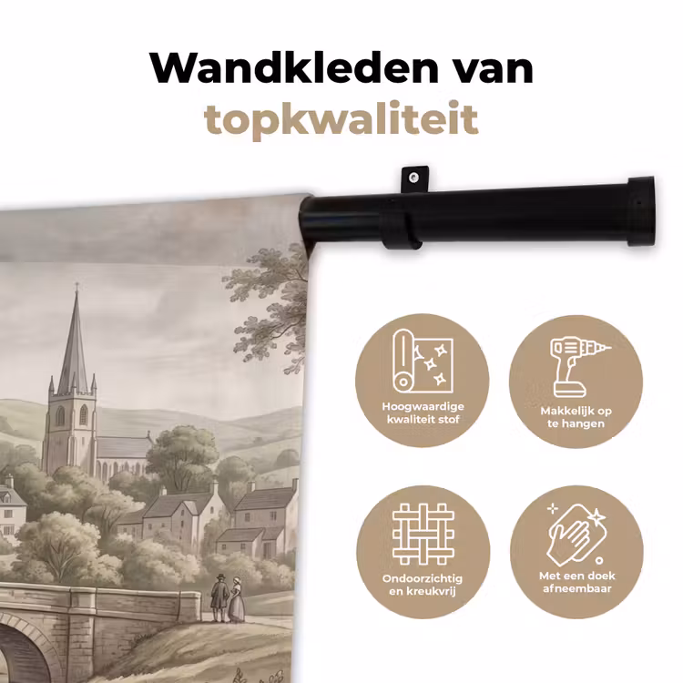 Dorp - Brug - Uitzicht - Groen Wandkleed katoen klein -sfeer2