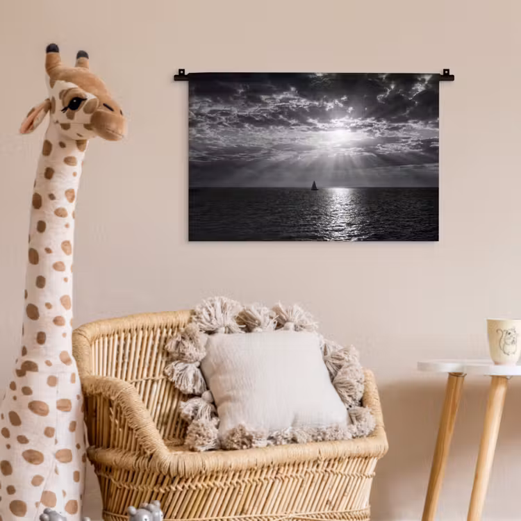 Water - Boot - Lucht - Natuur - Zwart-wit Wandkleed katoen klein -wsfeer5_kind