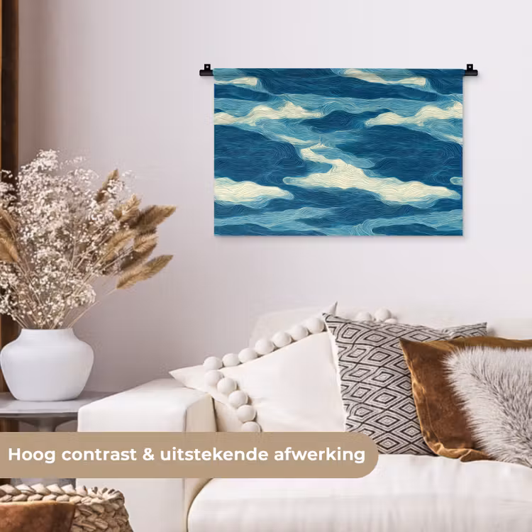 Golven - Abstract - Patroon - Blauw - Wit Wandkleed katoen klein 269 -sfeer1