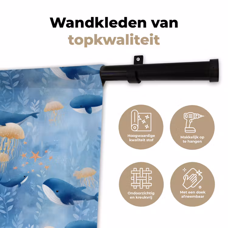 Walvissen - Oceaan - Blauw Wandkleed katoen klein 269 -sfeer2
