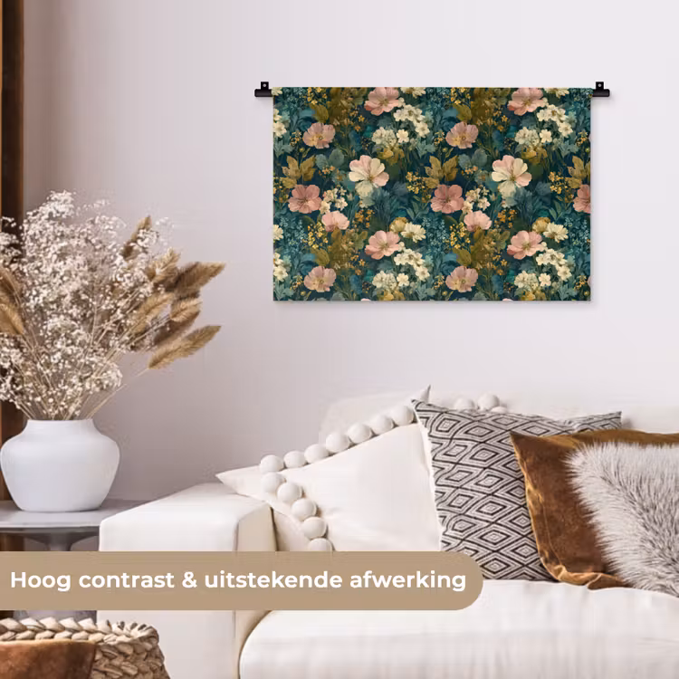 Wilde bloemen - Botanisch - Patroon - Roze - Romantisch Wandkleed katoen klein 269 -sfeer1
