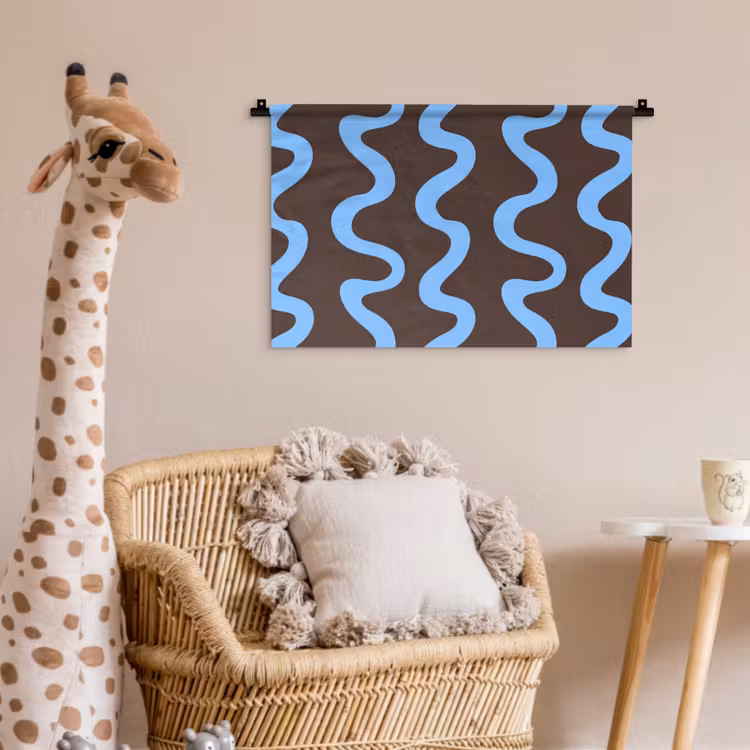 Kronkelende lijnen - Blauw - Bruin - Minimalistisch Wandkleed katoen klein 269 -wsfeer5_kind