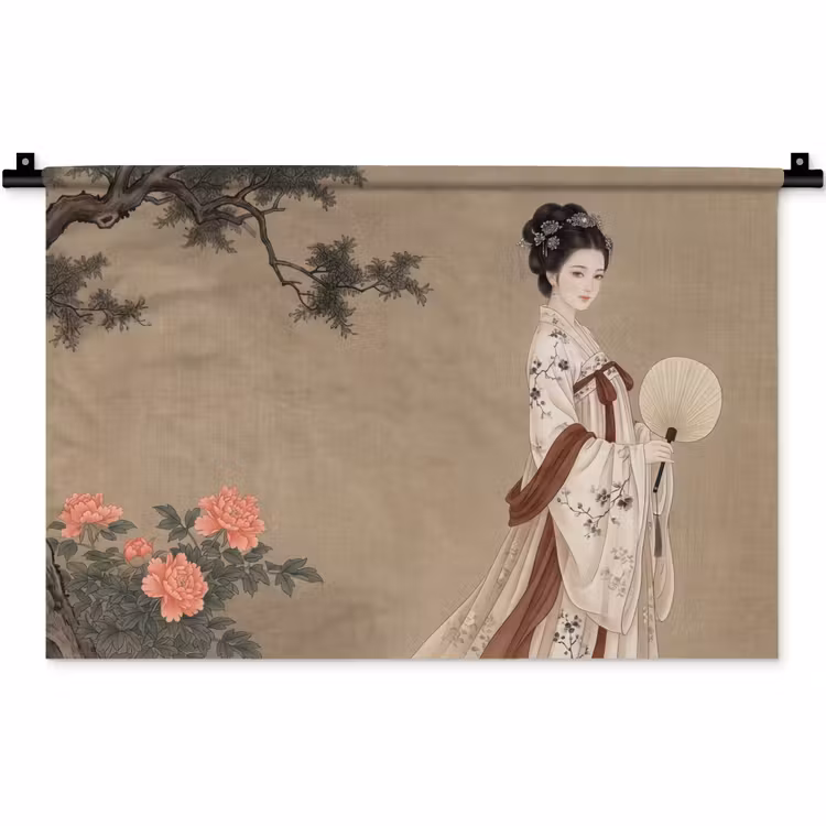 Vrouw - Azië - Kunst - Beige Wandkleed katoen klein -zz3d