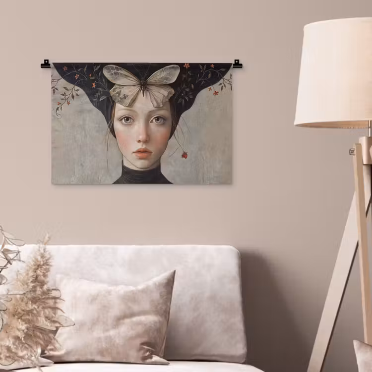 Woman - Butterfly - Art - Classic - Muted Wandkleed katoen klein -sfeer4
