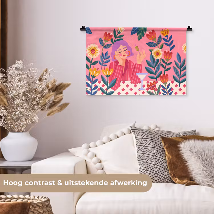 Vrouw - Cocktail - Bloemen - Modern - Roze Wandkleed katoen klein -sfeer1
