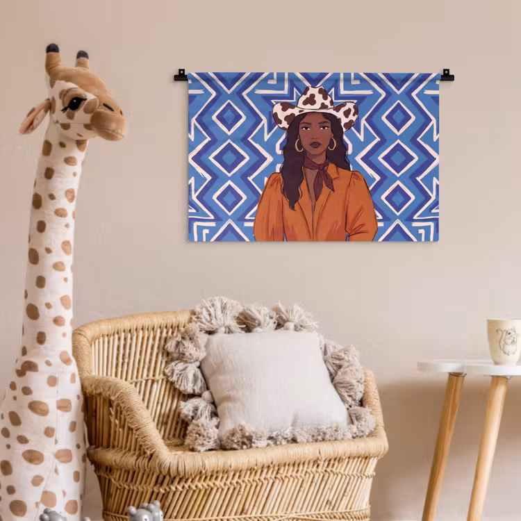 Vrouw - Cowboyhoed - Portret - Modern - Blauw Wandkleed katoen klein -wsfeer5_kind