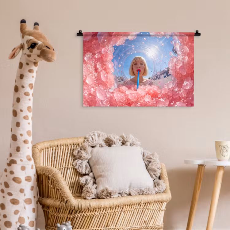 Vrouw - Drank - Zomer - Roze - Blauw Wandkleed katoen klein -wsfeer5_kind