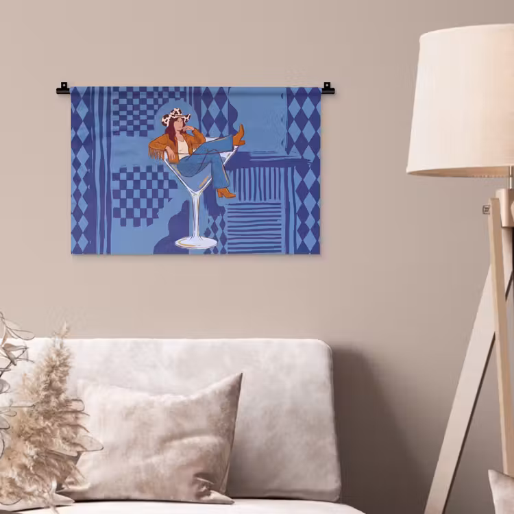 Vrouw - Martini glas - Abstract - Blauw - Kunst Wandkleed katoen klein -sfeer4