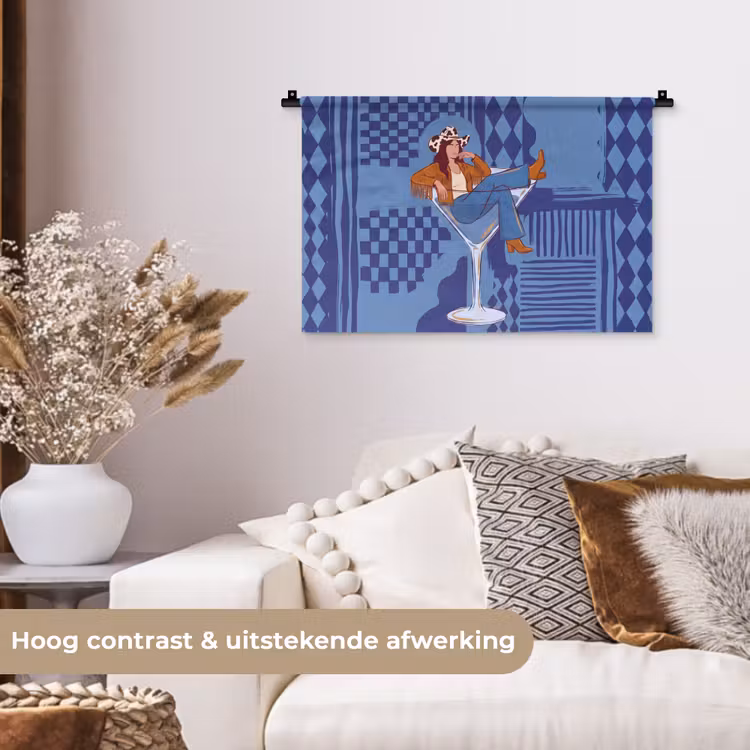 Vrouw - Martini glas - Abstract - Blauw - Kunst Wandkleed katoen klein -sfeer1