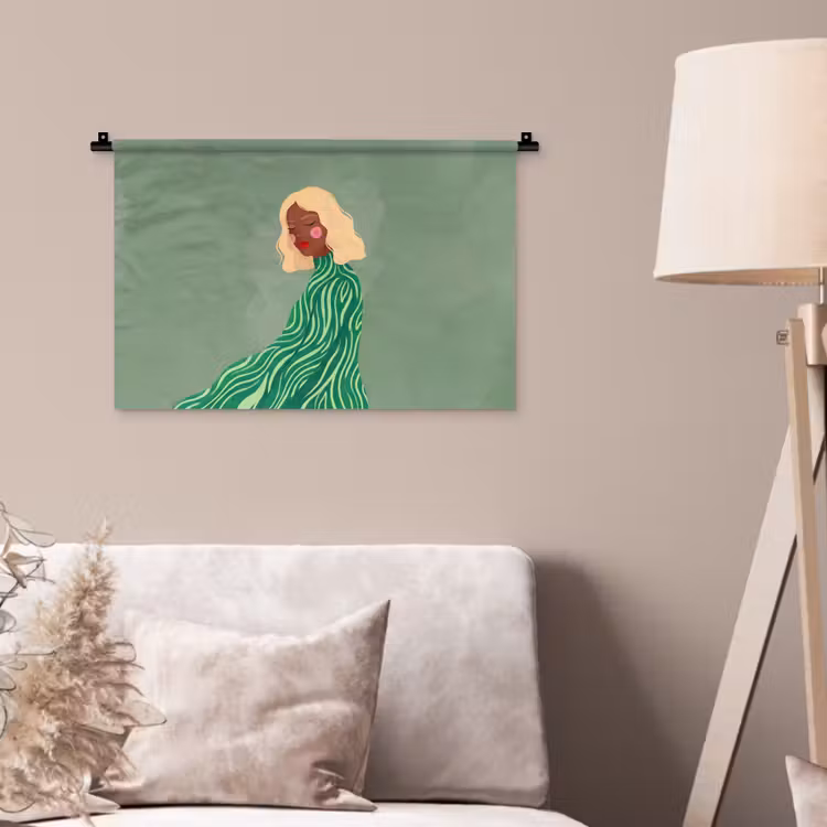 Vrouw - Portret - Illustratie - Modern - Groen Wandkleed katoen klein -sfeer4