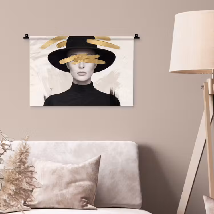 Vrouw - Portret - Modern - Goud - Kunst Wandkleed katoen klein -sfeer4