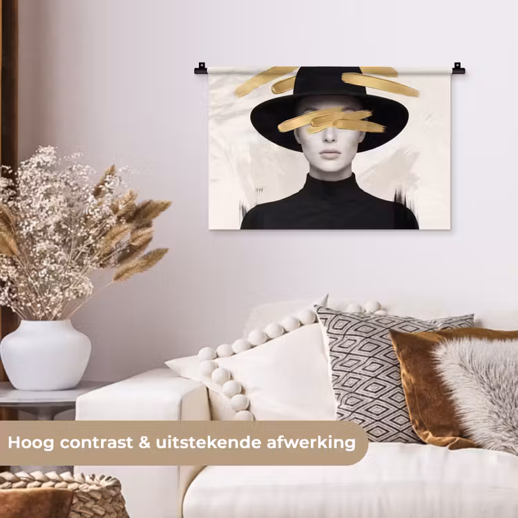 Vrouw - Portret - Modern - Goud - Kunst Wandkleed katoen klein -sfeer1