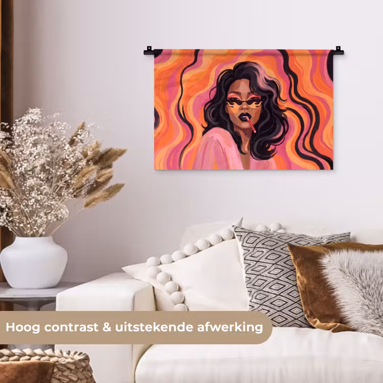 Vrouw - Zonnebril - Modern - Portret - Oranje Wandkleed katoen klein -sfeer1