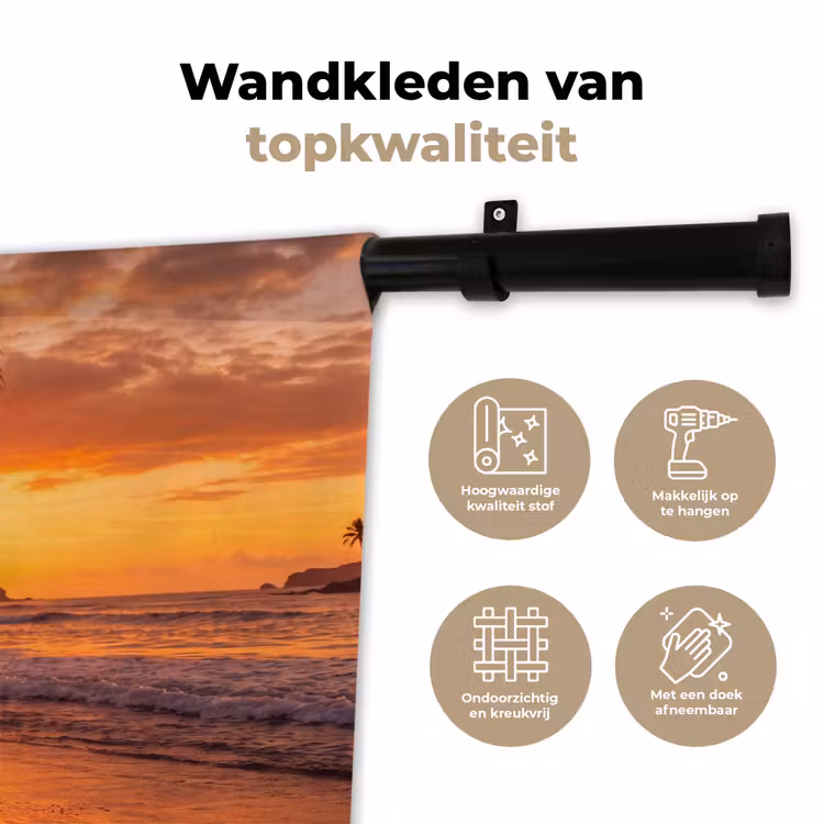 Vrouw - Surfplank - Strand - Zonsondergang - Oranje Wandkleed katoen klein -sfeer2