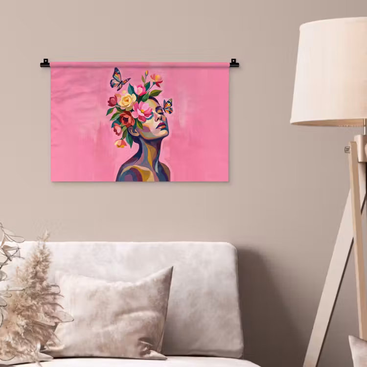Vrouwengezicht - Vlinders - Kleurrijk Wandkleed katoen klein -sfeer4
