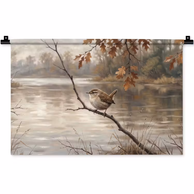 Winterkoninkje - Tak - Rivier - Natuur - Sfeervol Wandkleed katoen klein -zz3d