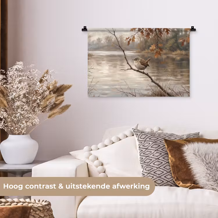 Winterkoninkje - Tak - Rivier - Natuur - Sfeervol Wandkleed katoen klein -sfeer1
