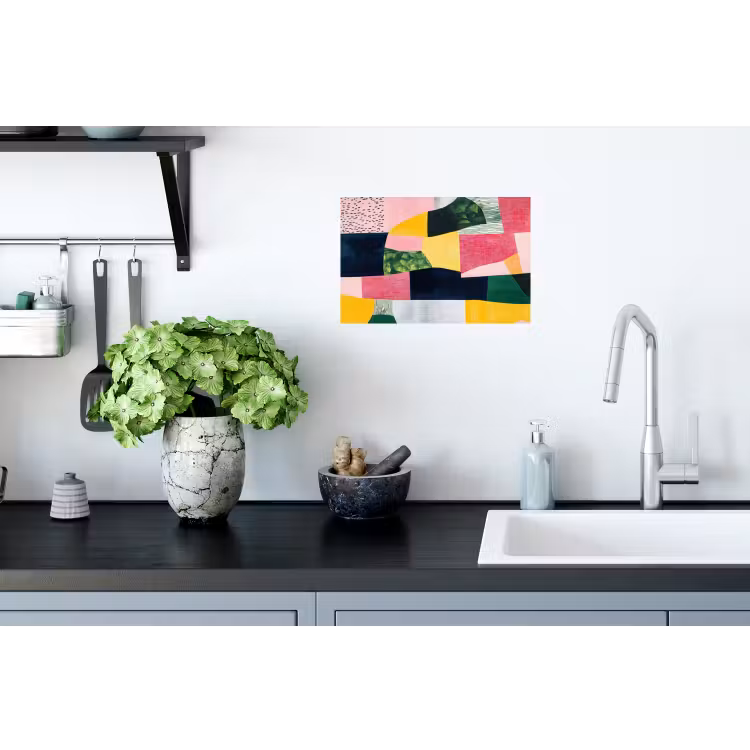Abstract - Roze - Lappen - Vormen - Geel Muursticker klein -keuken