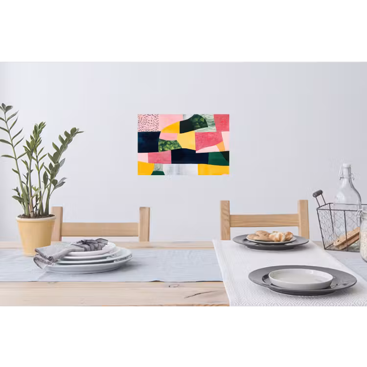 Abstract - Roze - Lappen - Vormen - Geel Muursticker klein -eettafel