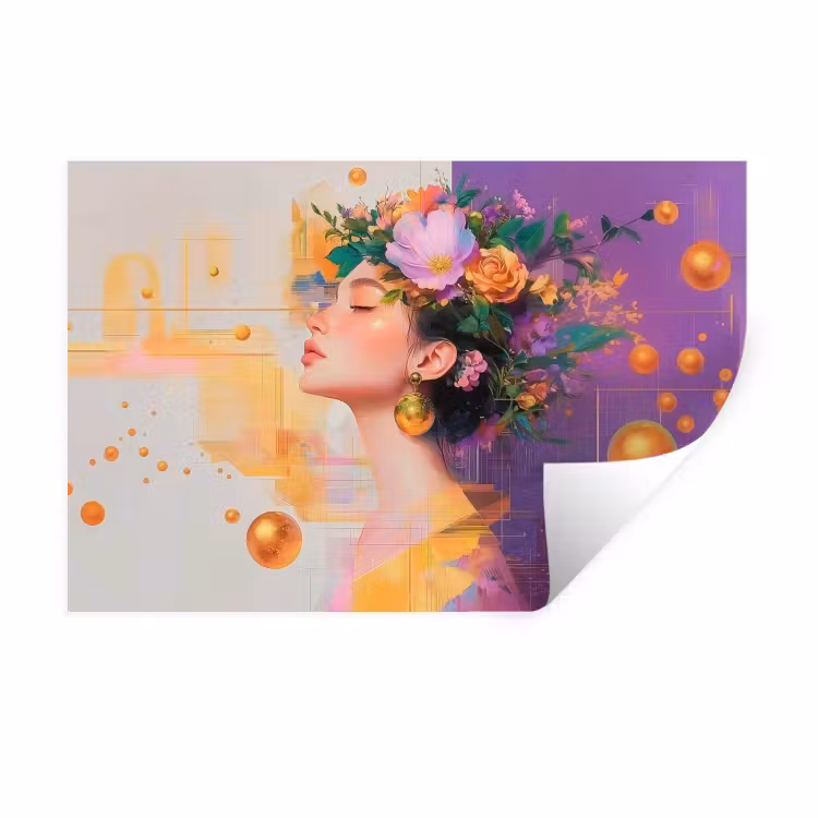 Abstract - Vrouw - Bloemenkroon - Goud Muursticker klein -3d