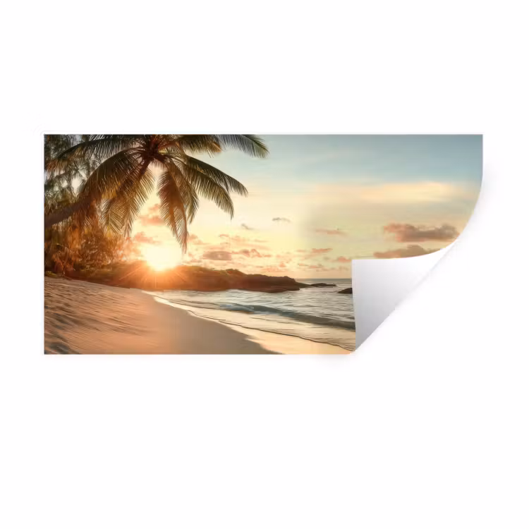 Strand - Palmbomen - Oceaan - Zonsondergang Muursticker klein -3d