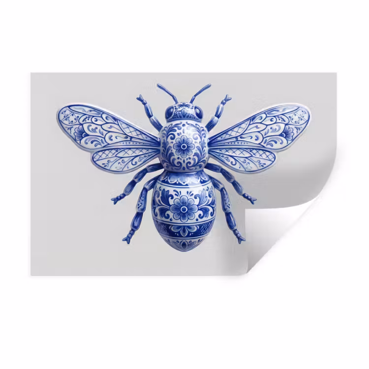 Bij - Modern - Delfts - Blauw Muursticker klein -3d