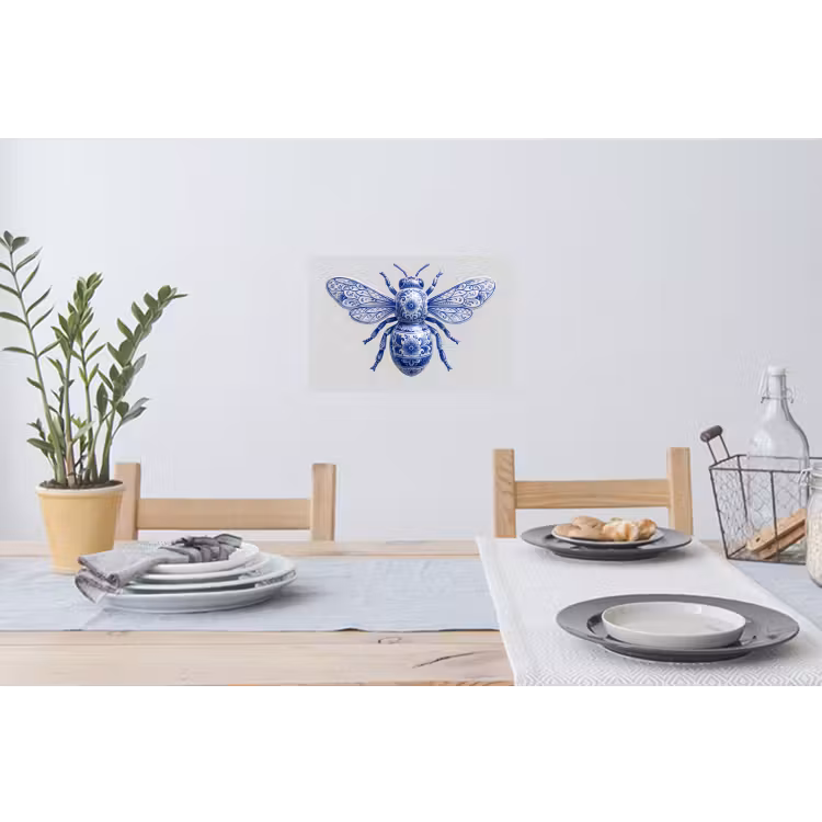 Bij - Modern - Delfts - Blauw Muursticker klein -eettafel