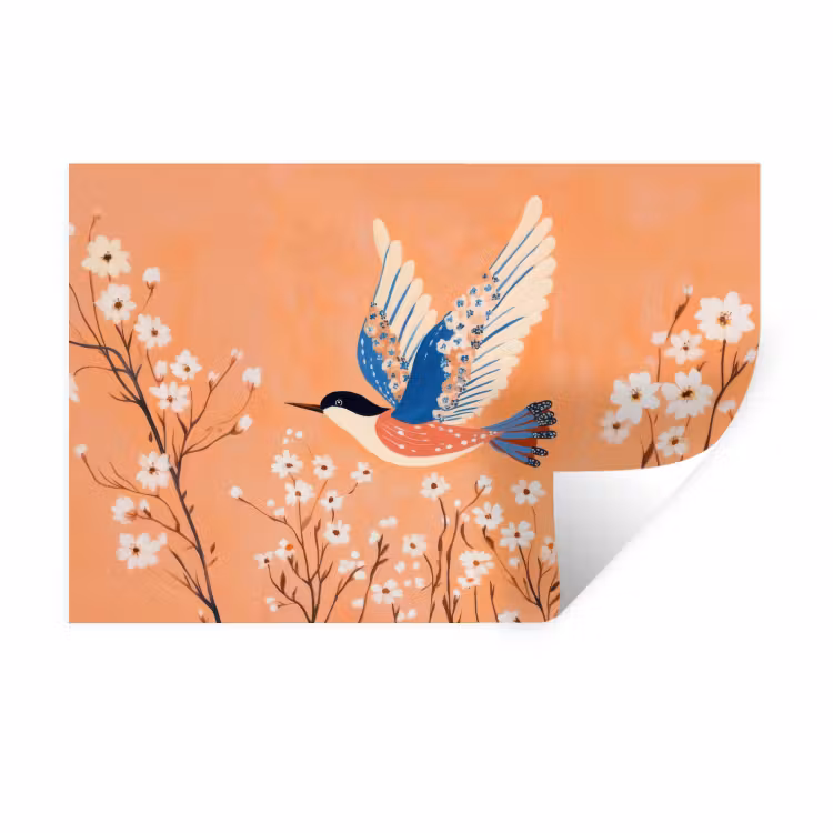 Vogel - Bloesemtakken - Warm - Kleurrijk Muursticker klein -3d