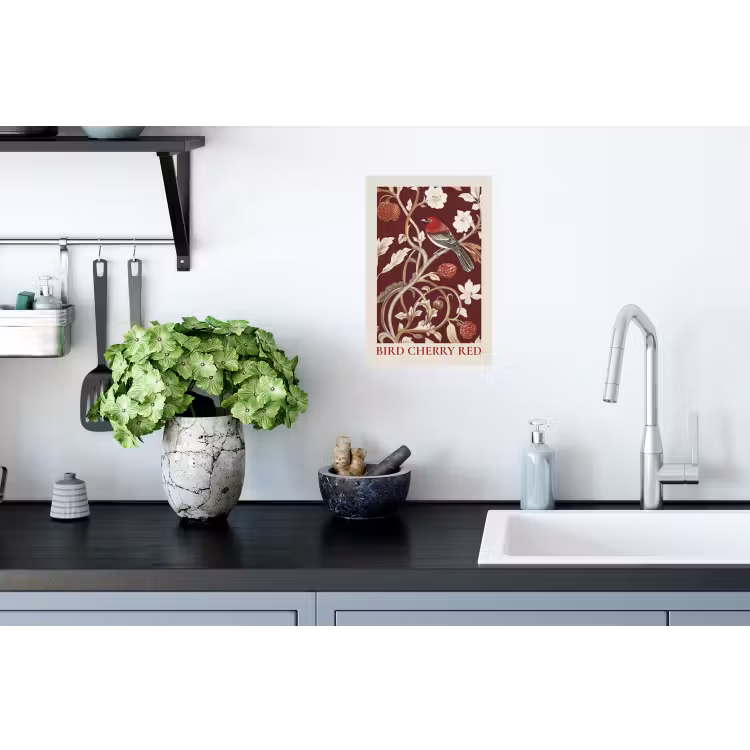 Vogel - Bordeaux - Bloemen - Bessen Muursticker klein -keuken