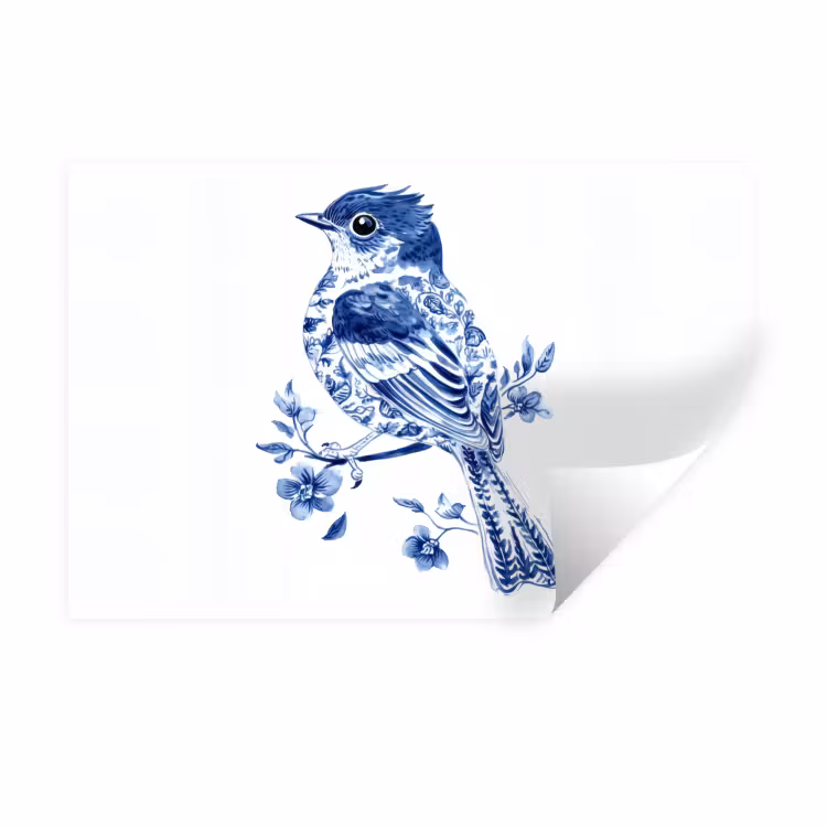 Vogel - Delfts blauw - Illustratie - Bloemen Muursticker klein -3d