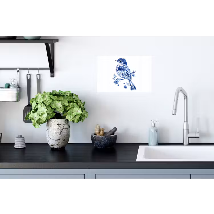 Vogel - Delfts blauw - Illustratie - Bloemen Muursticker klein -keuken