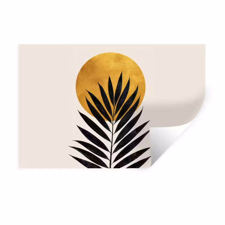 Zwart palmblad - Gouden cirkel - Beige achtergrond Muursticker klein -3d