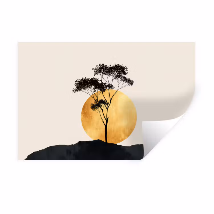 Zwarte boom - Gouden cirkel - Heuvel Muursticker klein -3d