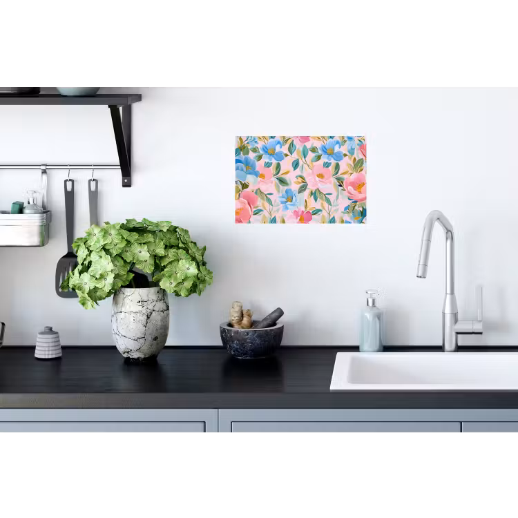 Blauw - Roze - Bloemen Muursticker klein -keuken