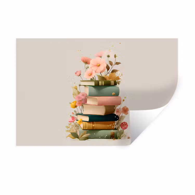 Boeken - Stapel - Bloemen - Kleurrijk Muursticker klein -3d