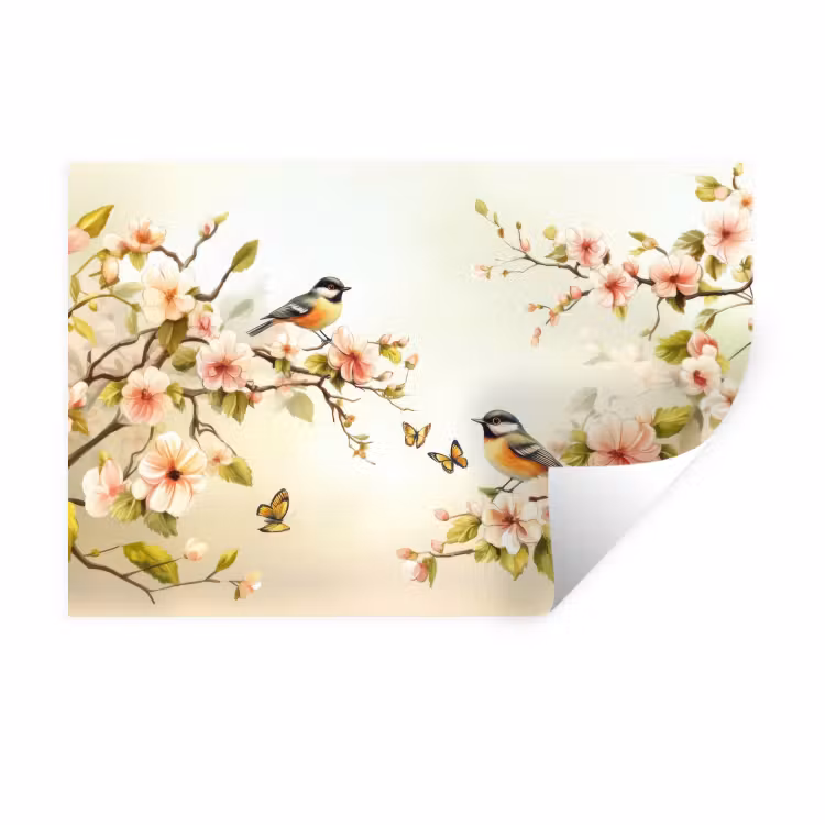 Takken - Bloemen - Vogeltjes - Roze Muursticker klein -3d