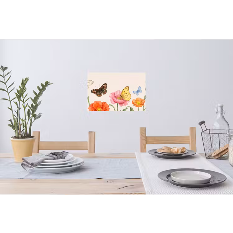 Vlinders - Klaprozen - Illustratie - Kleurrijk Muursticker klein -eettafel