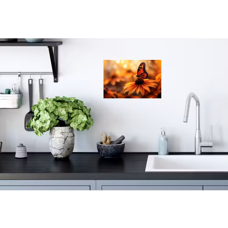 Vlinder - Bloemen - Oranje Muursticker klein -keuken