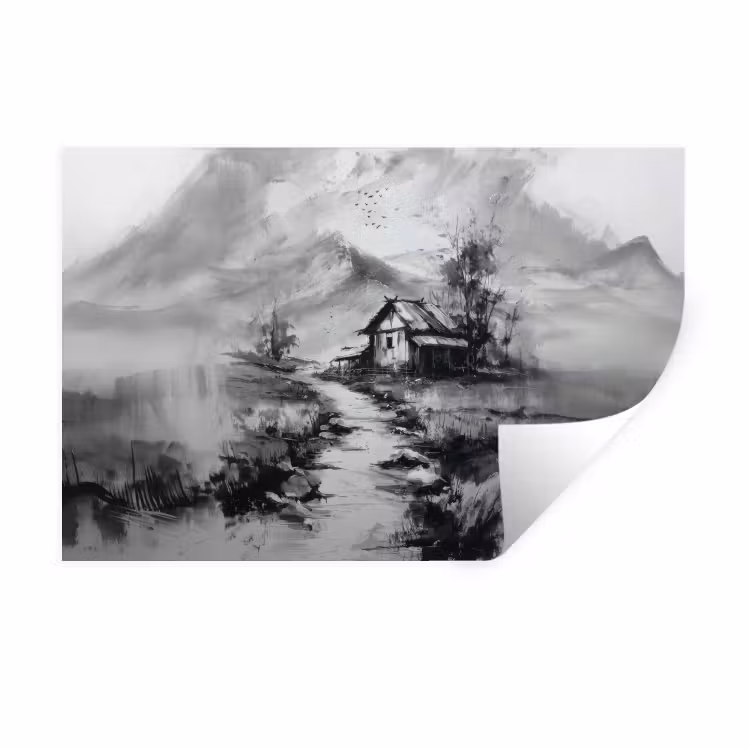 Hut - Grijs - Bergen - Mistig Muursticker klein -3d