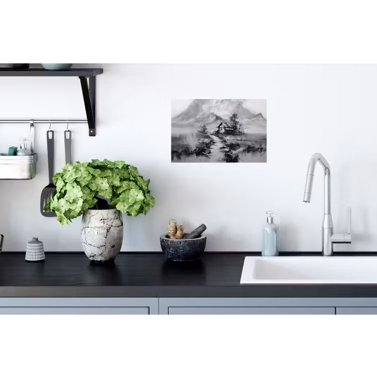 Hut - Grijs - Bergen - Mistig Muursticker klein -keuken