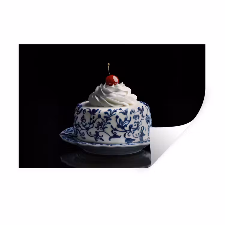 Taart - Slagroom - Kers - Bord - Delfts blauw Muursticker klein -3d