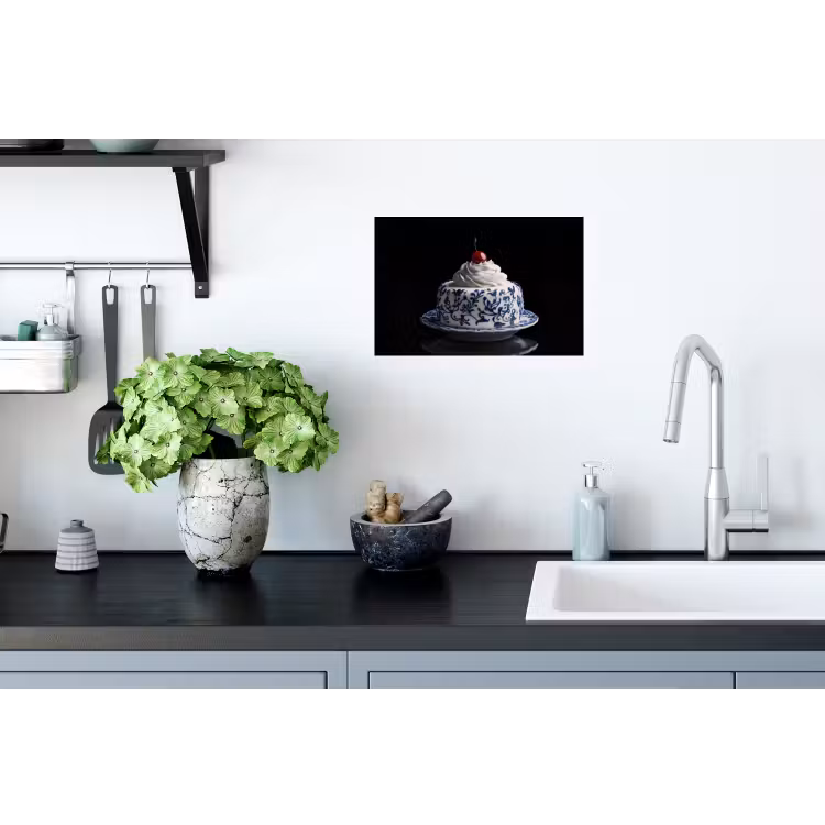 Taart - Slagroom - Kers - Bord - Delfts blauw Muursticker klein -keuken