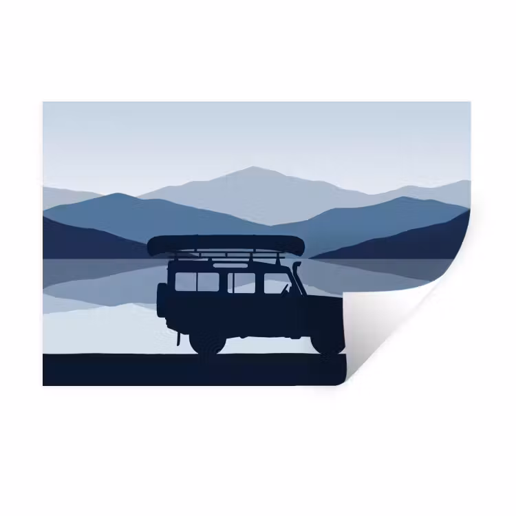 Auto - Meer - Bergen - Blauw Muursticker klein -3d